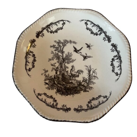 Pedestal Cake Stand Plate Aux Au Provence Black and White Toile 12" x 5.25" - Picture 2 of 7